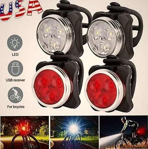 4x Mountain Bike Lights USB Rechargeable Bicycle LED Torch Front Rear + Lamp Set