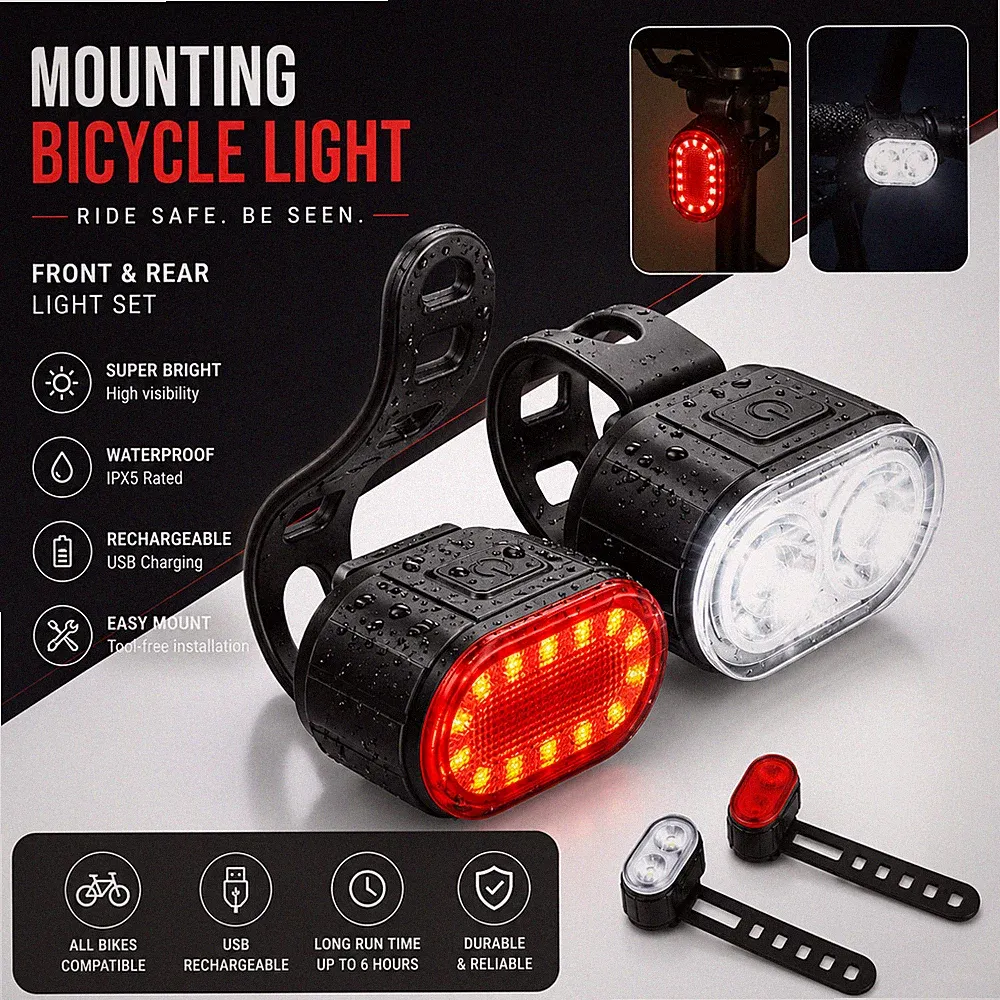 Mountain Bike Lights USB Rechargeable Bicycle LED Torch Front Rear + Lamp Set
