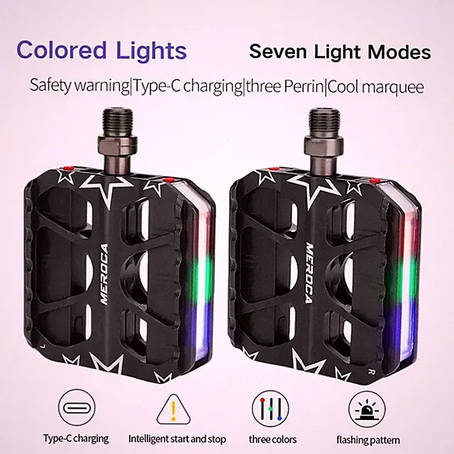 MTB Bicycle Pedals LED Lights Type-C Rechargeable Safety Warning Non-Slip Pedal